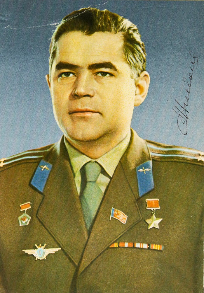Item #317464 Photo postcard signed, a color portrait of the Soviet cosmonaut in military uniform. Andriyan Nikolayev.