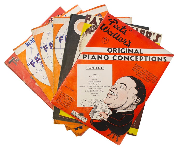 Item #31758 Collection of 7 pieces and anthologies of printed sheet music by Waller: (1) "Black Raspberry Jam" (6pp); (2) "Latch On" (6pp); (3) "Paswonky" (6pp); "The Jitterbug Waltz"(4pp); "Musical Rhythms" (48pp); "Swing Sessions for the Piano" (32pp); "Original Piano Conceptions" (32pp). Fats Waller.