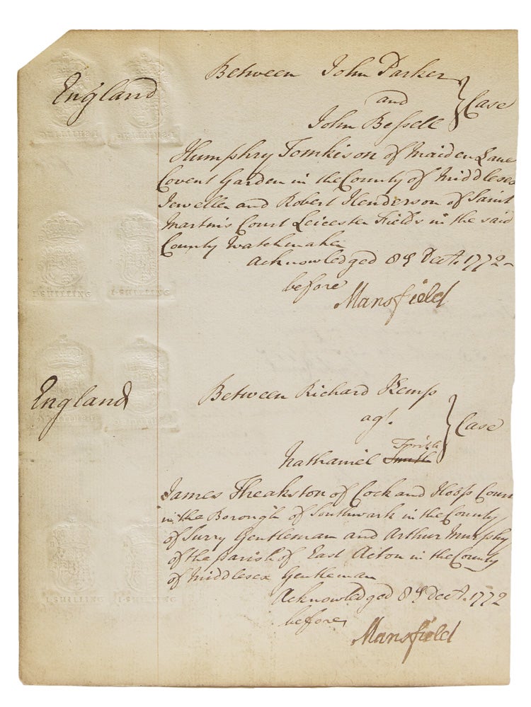 Warrant to sheriff of Essex County, England, for a case tried before William Lord Mansfield and clerk's listing of cases assigned to judges