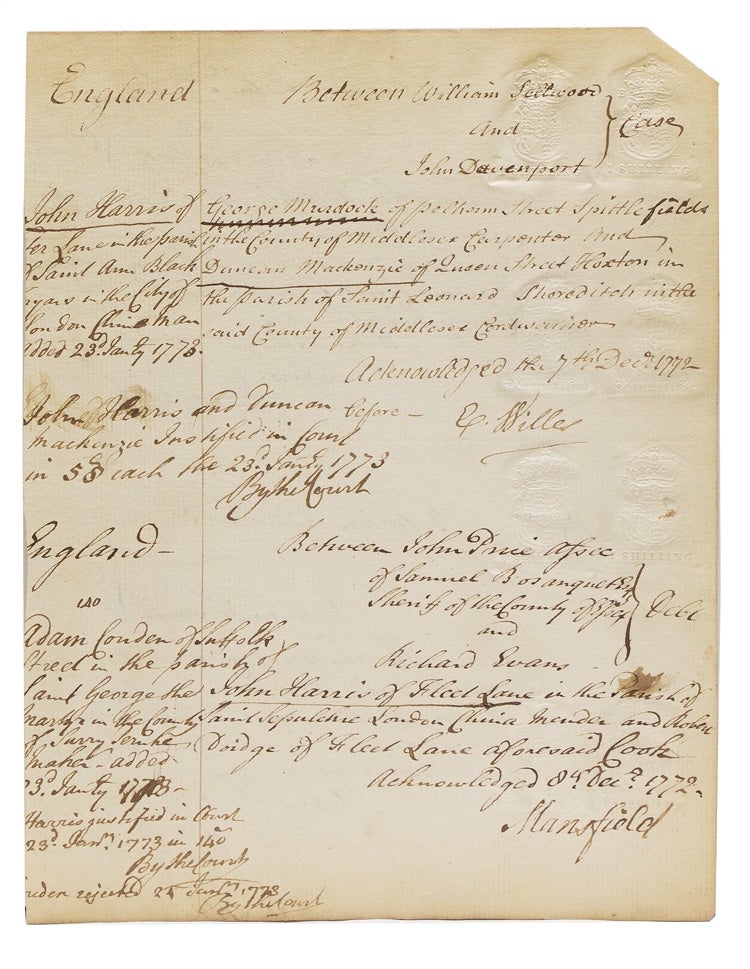 Warrant to sheriff of Essex County, England, for a case tried before William Lord Mansfield and clerk's listing of cases assigned to judges