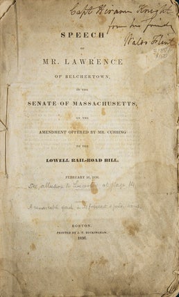 Item #31854 Speech of Mr. Lawrence of Belchertown in the Senate of massachusetts on the Amendment...