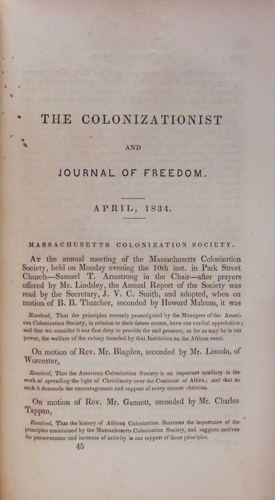 The Colonization and Journal of Freedom. April, 1833-April 1834. 12 numbers. July 1833 not issued