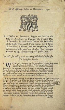 Item #319725 Act of Assembly passed in December, 1754. At a session of Assembly, begun and held...