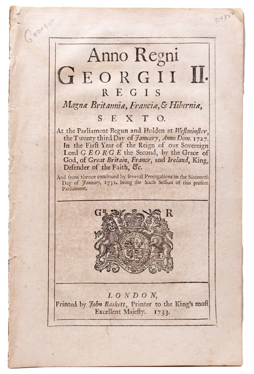 Item #319850 Anno Regni Georgii II Regis ... An Act for enabling His Majesty ... to pay ... Ten Thousand Pounds to the Trustees for establishing the Colony of Georgia in America. Georgia, Parliament Great Britain.