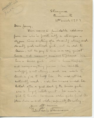 Item #319961 Autograph Letter, signed (“Your afft cousin, Robert Louis Stevenson”) to...