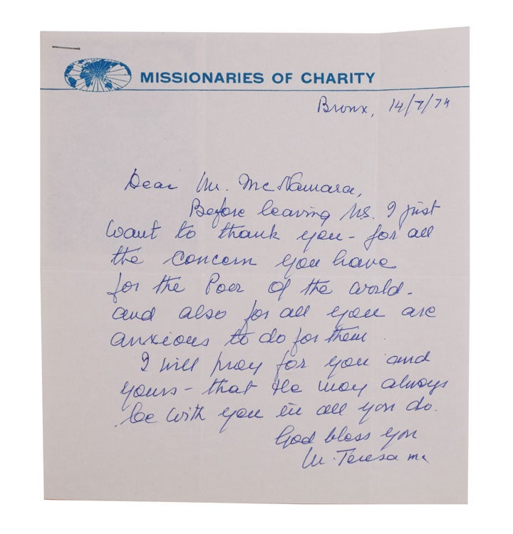 Autograph letter, signed ("M. Teresa M.C."), to Robert MacNamara, thanking him "for all the concern you have for the poor of the world"