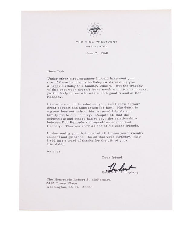 Item #320129 Archive of 13 Typed Letters, signed, to Robert and/or Margaret McNamara, including a heartfelt letter on the death of Robert Kennedy. Hubert Humphrey.