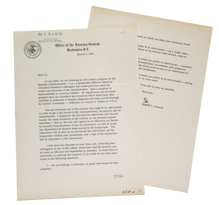 Item #320217 Typed letter, signed ("Bob"), as Attorney General, to Cyrus Vance, concerning his participation in an oral history program on the Kennedy administration. Robert Kennedy.
