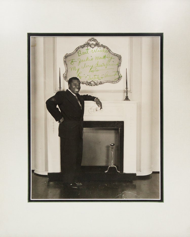Item #320363 Photograph signed and inscribed in the image ("Louis 'Satchmo' Armstrong), to Jackie "Moms" Mabley, "Best wishes to Jackie Mabley, my dear friend ... " Louis Armstrong.