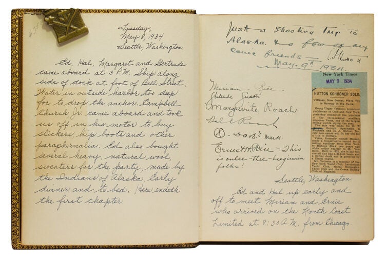 Manuscript diary of a yachting and bear-hunting trip to Alaska, inscribed at the head of the first page: "Just a Shooting Trip to Alaska & a few of my comic friends" and signed E.F. Hutton, May 9, 1934"
