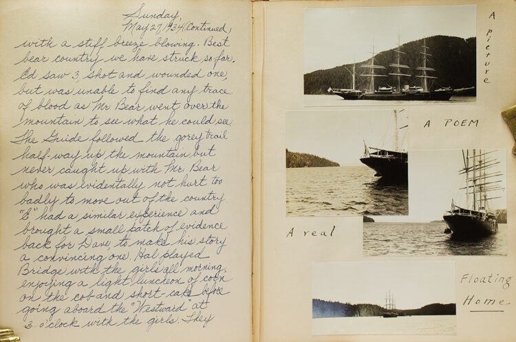 Manuscript diary of a yachting and bear-hunting trip to Alaska, inscribed at the head of the first page: "Just a Shooting Trip to Alaska & a few of my comic friends" and signed E.F. Hutton, May 9, 1934"