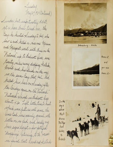 Manuscript diary of a yachting and bear-hunting trip to Alaska, inscribed at the head of the first page: "Just a Shooting Trip to Alaska & a few of my comic friends" and signed E.F. Hutton, May 9, 1934"