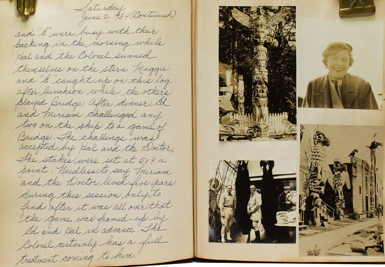 Manuscript diary of a yachting and bear-hunting trip to Alaska, inscribed at the head of the first page: "Just a Shooting Trip to Alaska & a few of my comic friends" and signed E.F. Hutton, May 9, 1934"