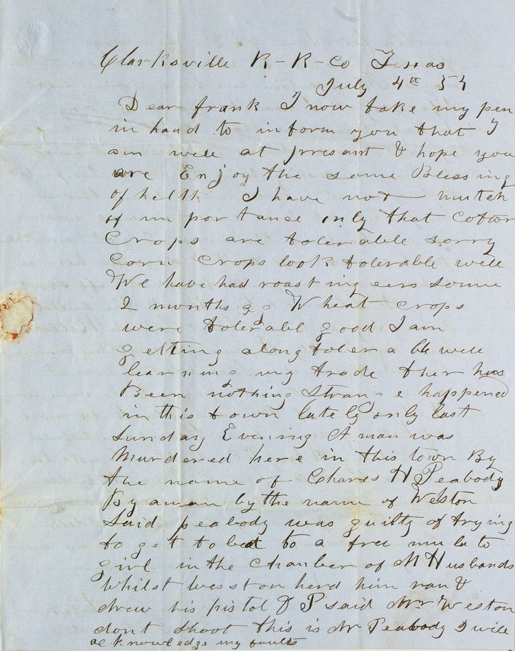 Item #320549 Autograph letter, signed, describing a gun fight and murder of a man after he had attempted to sleep with a free mulatto woman in another man's house. Texas, James C. Whitaker.