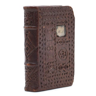 Item #320761 Chip-carved wooden book-form, dated 1781 on upper cover with small inlaid manuscript...