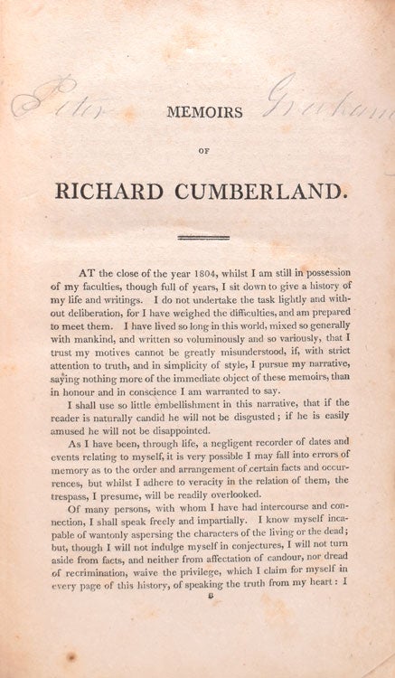 Memoirs of Richard Cumberland. Written by Himself. Containing An Account of His Life and Writings, Interspersed With Anecdotes and Characters of Several of the Most Distinguished Persons of His Time, With Whom He Has Had Intercourse and Connexion