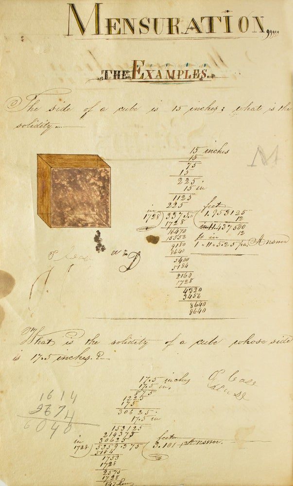 Of the Mensuration of Solids [manuscript caption title of a nineteeth-century manuscript mathematical cyphering book kept a young man]
