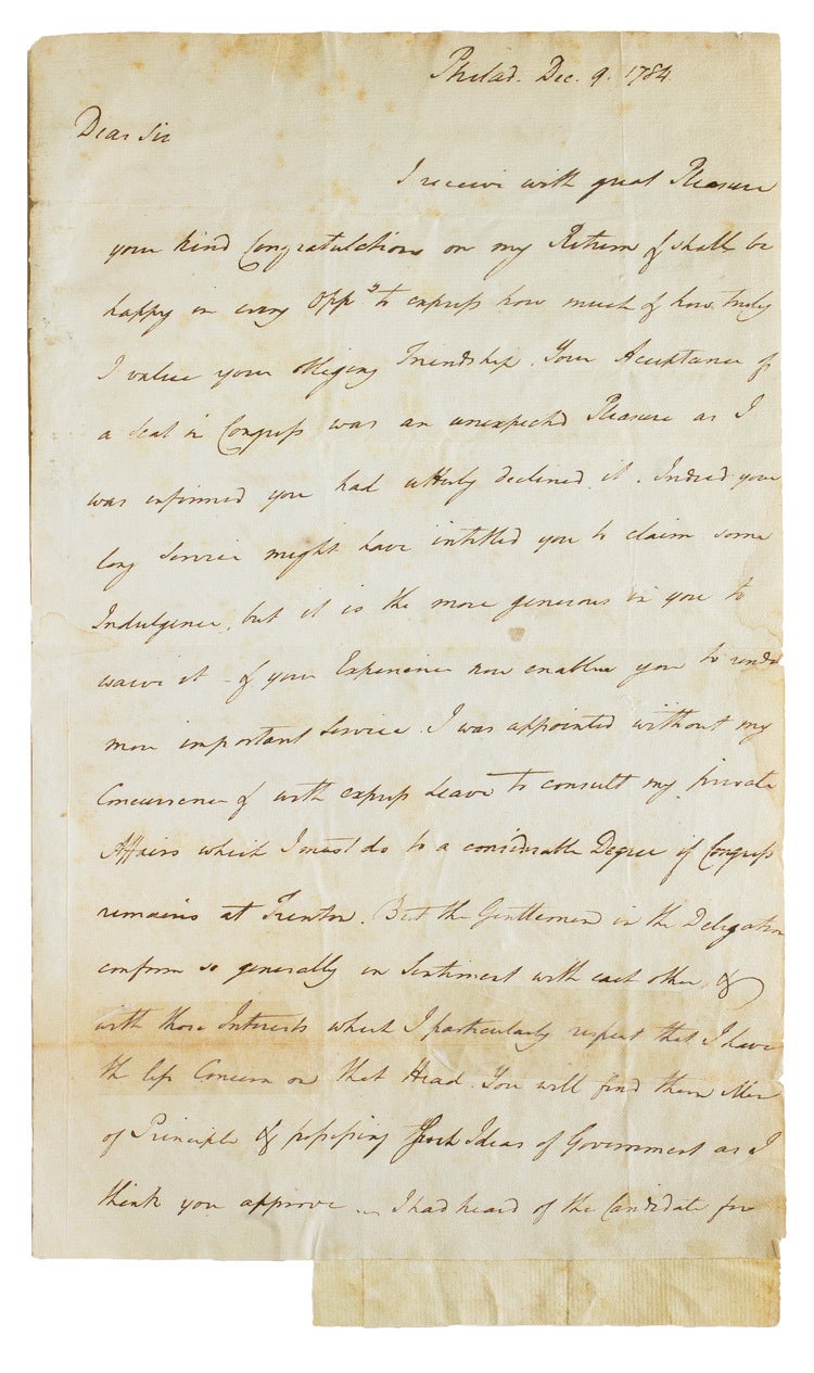 Joseph Reed Signature Autograph Letter Signed, Jos: Reed, to Elbridge Gerry, expressing ...