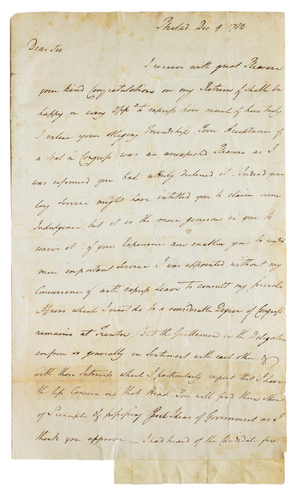 Item #321444 Autograph Letter Signed, "Jos: Reed," to Elbridge Gerry, expressing pleasure at the news of his agreeing to serve again in the Confederation Congress and recommending his brother-in-law Charles Pettit for a treasury appointment. Confederation Congress, Joseph Reed.