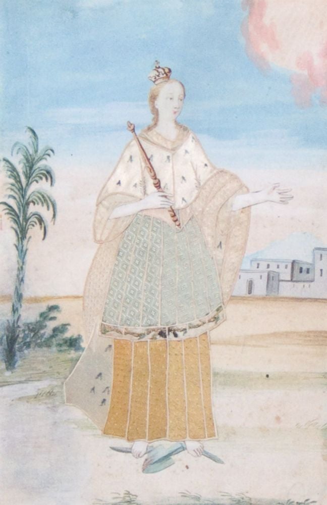 Item #32194 Continental watercolor paper and silk picture, showing a barefoot queen holding a scepter against a watercolor background. Silk Picture.