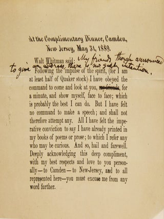 Item #322514 At the Complimentary Dinner, Camden, New Jersey, May 31, 1889. Walt Whitman