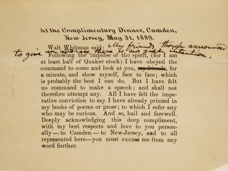 Item #322514 At the Complimentary Dinner, Camden, New Jersey, May 31, 1889. Walt Whitman.