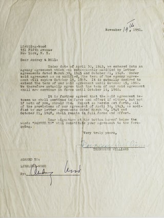 Item #32268 Typed Contract Signed ("Tennessee Williams") with his agent Aubrey Wood of...