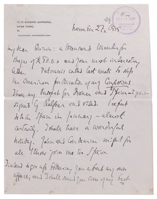 Item #323079 Two Autograph Letters, signed (“Arthur Symons”) to John Quinn, November 27-29,...