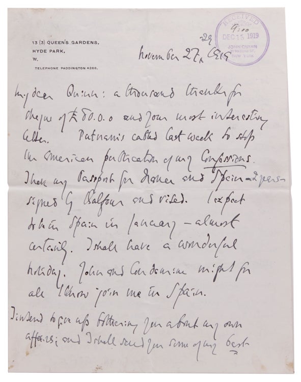 Item #323079 Two Autograph Letters, signed (“Arthur Symons”) to John Quinn, November 27-29, 1919, and October 19, 1920, acknowledging Quinn’s liberality and patronage. Arthur Symons.