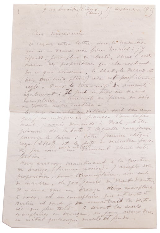 Item #323092 Autograph letter, signed (“R Duchamp Villon”), to John Quinn, 15 Septmber 1915. Raymond Duchamp Villon.