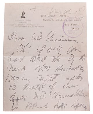 Item #323123 Autograph Letter, signed (“Mary Garden”), to John Quinn, lamenting the death of...