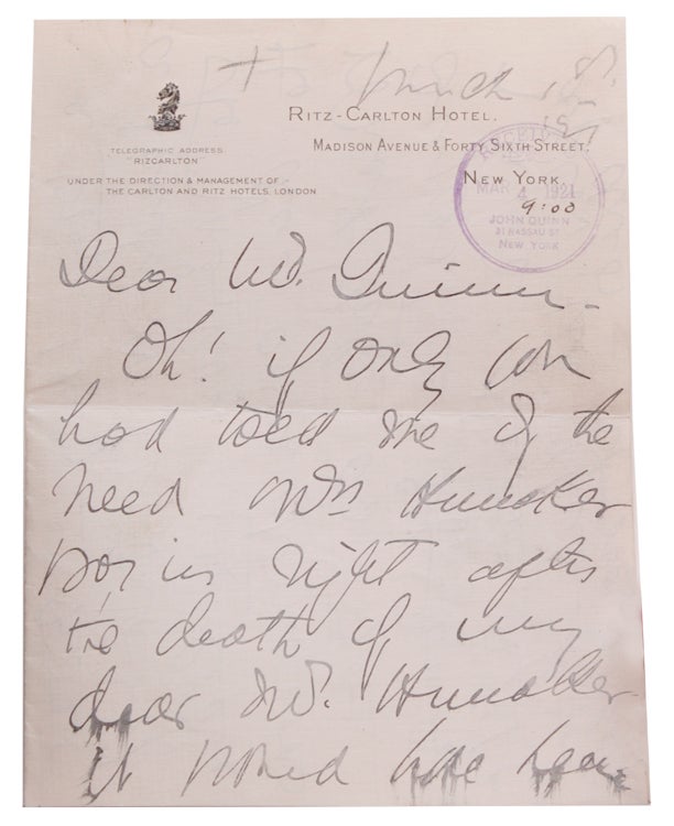 Item #323123 Autograph Letter, signed (“Mary Garden”), to John Quinn, lamenting the death of James Huneker. Mary Garden.