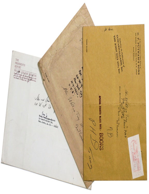 Annotated Letter to NY Times with note to William Targ, her publisher in her hand , 8 envelopes,... (4/5)