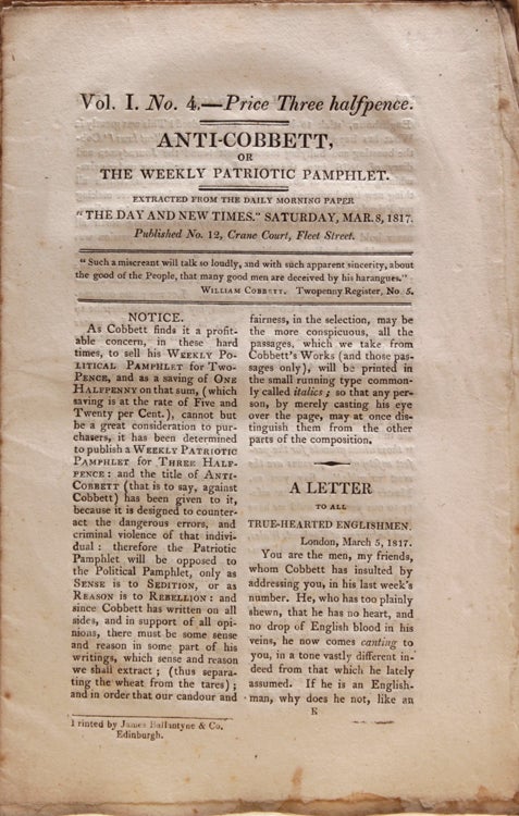Anti-Cobbett, or The Weekly Patriotic Pamphlet. Volume 1 No.1-Volume 1-No.6