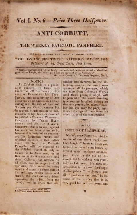 Anti-Cobbett, or The Weekly Patriotic Pamphlet. Volume 1 No.1-Volume 1-No.6