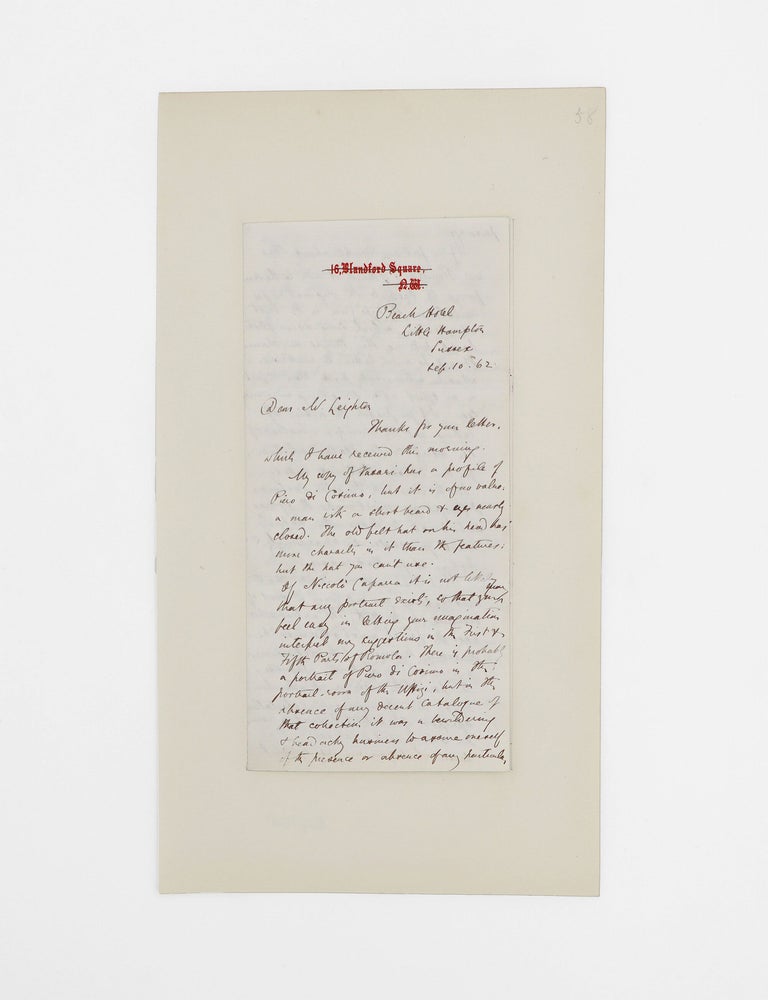 Item #324319 Two Autograph Letters, signed ("Marian E. Lewes") to Frederic, 1st Baron Leighton, 1862 [WITH] Romola. George Eliot, Mary Anne Evans.