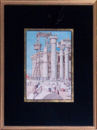 Item #32436 Watercolour of Egyptian Columns being built, with workers in the foreground. Signed...