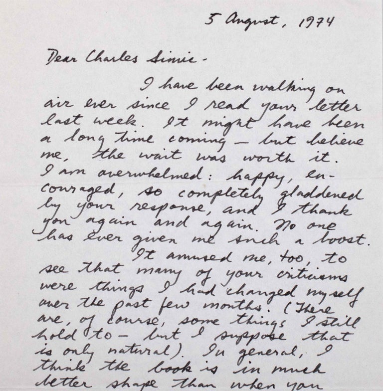Group of Correspondence to Charles Simic, comprising 1 Typed Letter, signed, and 10 Autograph Letters and Notes, signed, 1973-1982