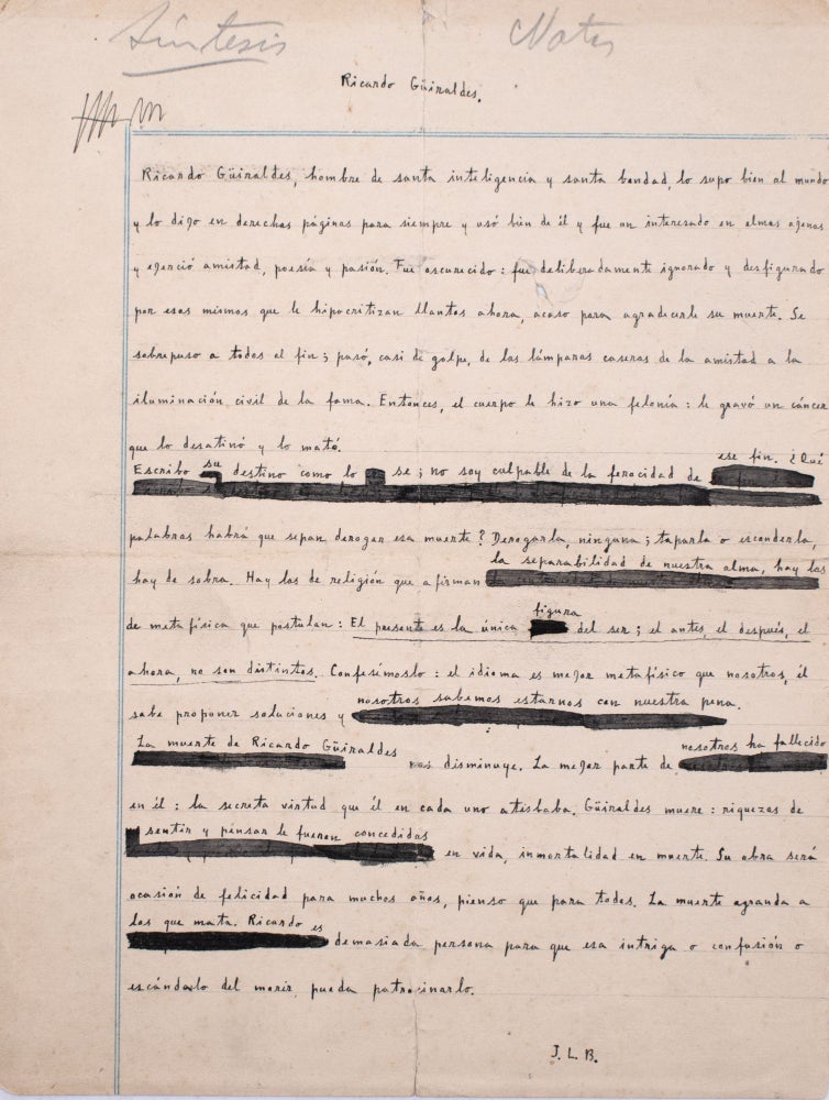 Item #324439 Ricardo Güiraldes. Autograph manuscript essay, signed (“J.L.B.”). Jorge Luis Borges.