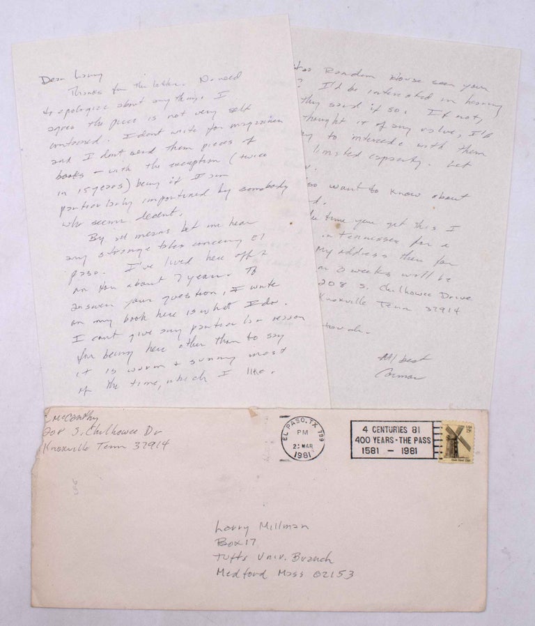 Item #324480 Autograph Letter, signed (“Cormac”), to author Lawrence Millman. Cormac McCarthy.
