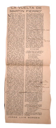 Item #324786 El Vuelta de Martin Fierro [Tearsheet of newspaper column, marked and corrected by...