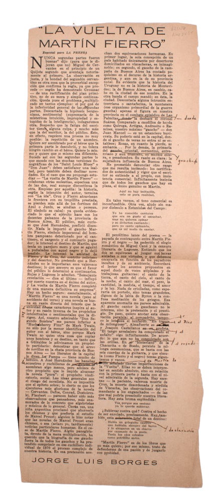 Item #324786 El Vuelta de Martin Fierro [Tearsheet of newspaper column, marked and corrected by the author in ink]. Jorge Luis Borges.