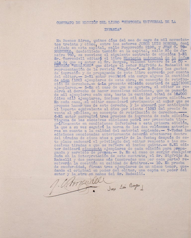 Item #324822 Contrato de Edición del Libro Historia Universal de la Infamia. [Typescript Publishing contract, signed by the author and publisher in ink]. Jorge Luis Borges.