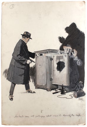 Item #324843 Watercolor of man behind a safe which he has blown open and in foreground a man with...