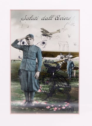 Item #324864 Embellishments in ink on a color postcard, Saluti dall'Aviere, with Autograph Note,...