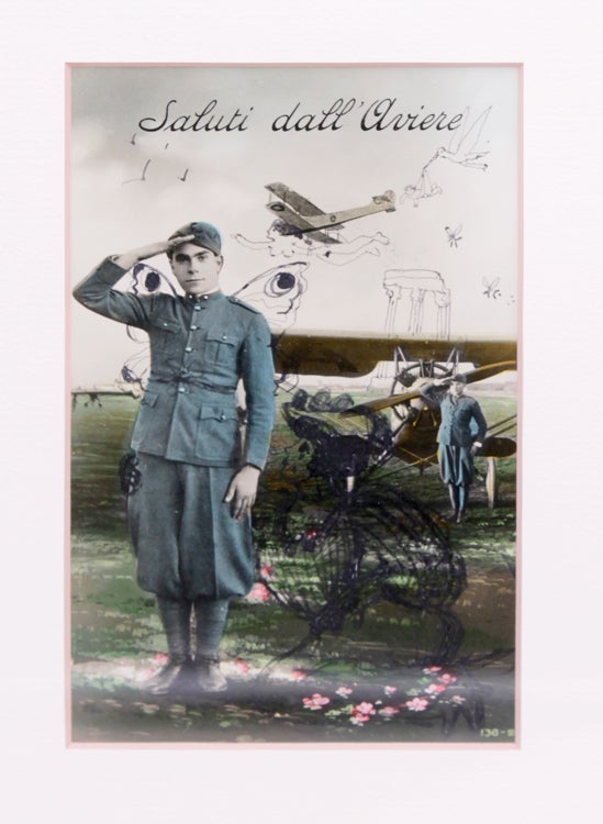 Embellishments in ink on a color postcard, Saluti dall'Aviere, with Autograph Note, signed (“Love Cecil”), on verso