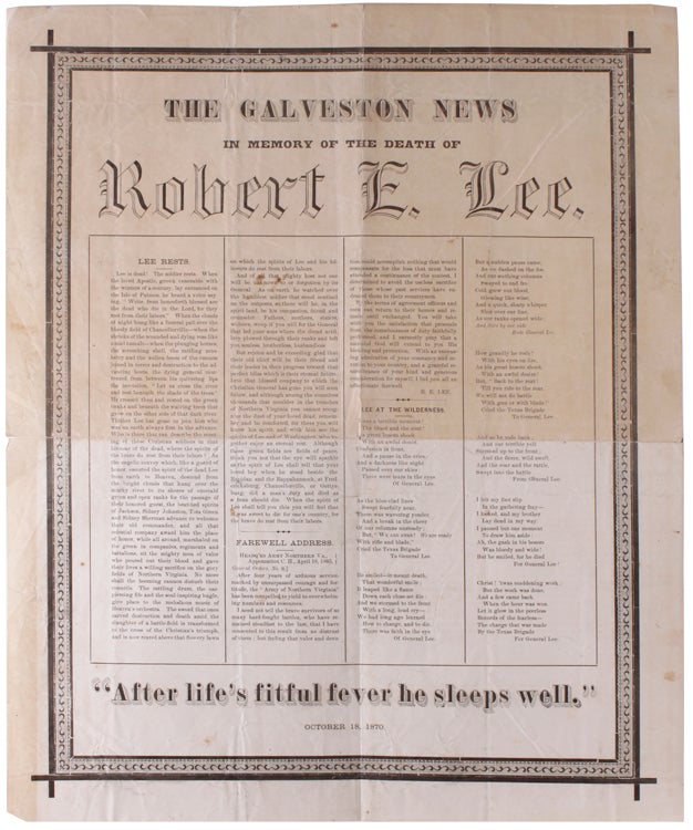 Item #324962 The Galveston News. In Memory of the Death of Robert E. Lee. Robert E. Lee.
