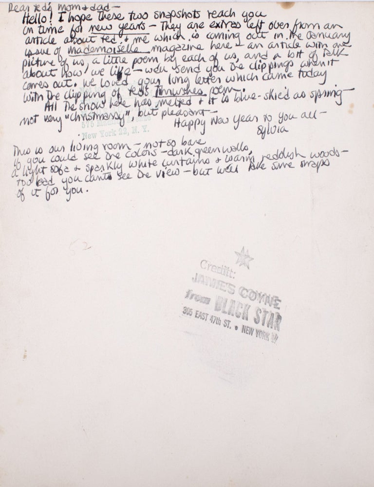 Photograph of Sylvia Plath and Ted Hughes at Home in 1958, inscribed at length by Plath to Edith and William Hughes