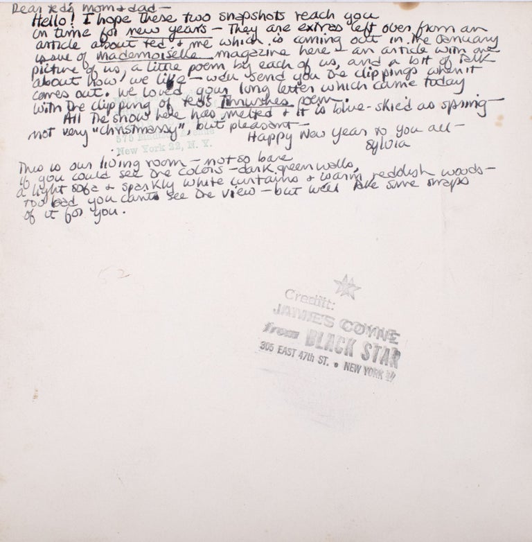 Photograph of Sylvia Plath and Ted Hughes at Home in 1958, inscribed at length by Plath to Edith and William Hughes