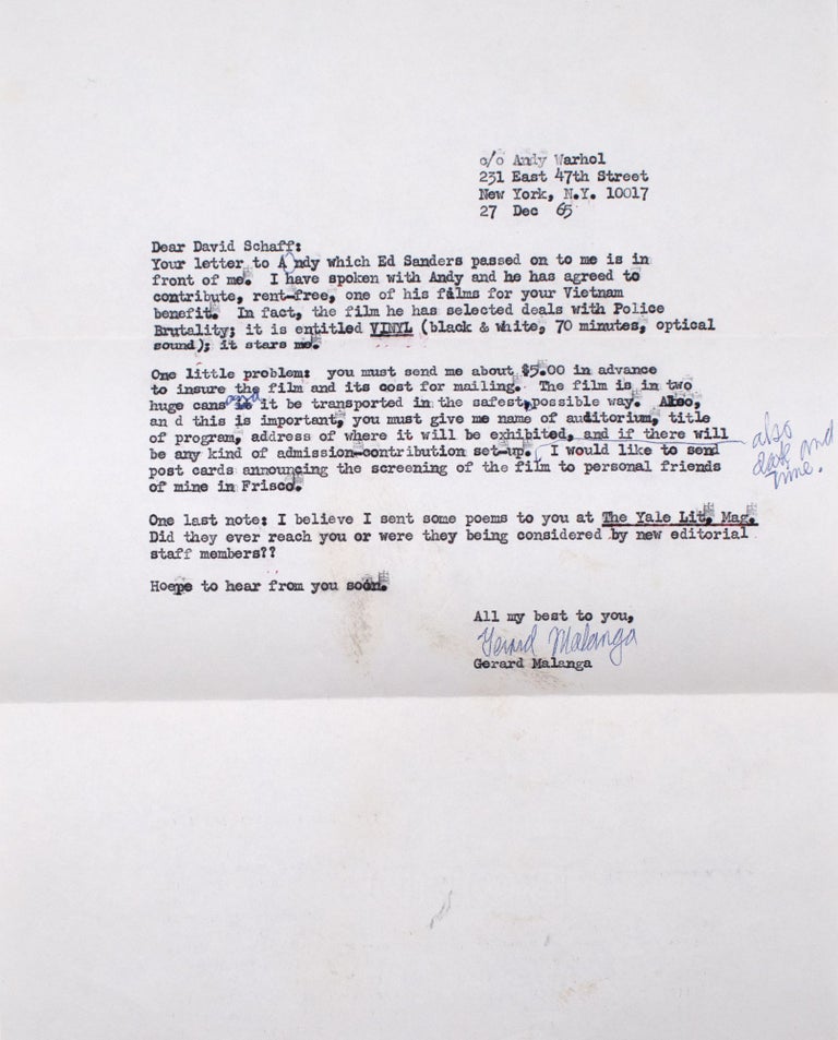 Letters from Gerard Malanga to David Schaff [postmarked]